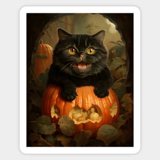 Retro Vintage Funny Chubby Black Cat and Pumpkin - Whimsical Autumn Delight Sticker